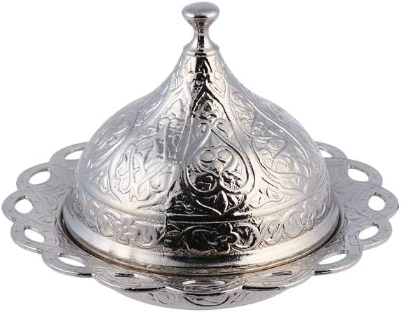 Alisveristime Turkish Coffee Set for Two - Authentic Ottoman Style Cups, Saucers, and Serving Tray with Lale Motifs (Acur) (Silver)