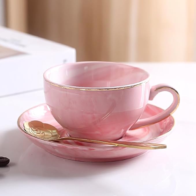 Ceramic Espresso Cups Set with Saucers and Metal Stand, 4 oz Porcelain Stackable Cappuccino Cups Teacup For Tea, Espresso, Latte, Coffee, Cafe Mocha (Pink