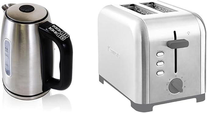 Kenmore 1.7L Cordless Electric Kettle w/ 6 Temperature Pre-Sets, Stainless Steel+Kenmore 2-Slice Toaster, Stainless Steel