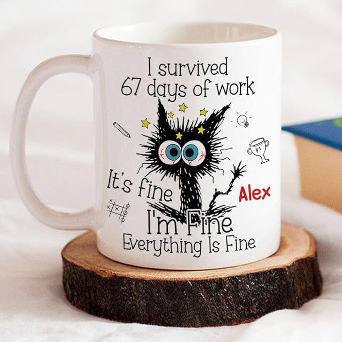 Wrappiness Personalized 67 Six Seven Slang Cup for Coworkers - Custom I Survived 67 Days of Work Ceramic Mug, Perfect Personalized Secret Santa Gift for Coworkers and Office Humor Lovers