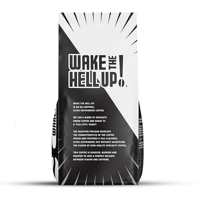Wake The Hell Up! 1lb Ultra-Caffeinated Cinnamon Bun Ground Coffee, Low Acid, Medium-Dark Roast