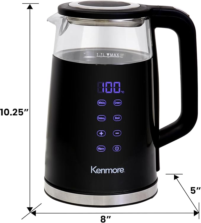 Kenmore Electric Kettle - Cordless Digital Calentador De Agua, Instant Pot Tea Kettle, Preset Temperature Control, Automatic Shut- Off, Cool Touch, Hot Water Boiling Heater, 1.7 Liter Black