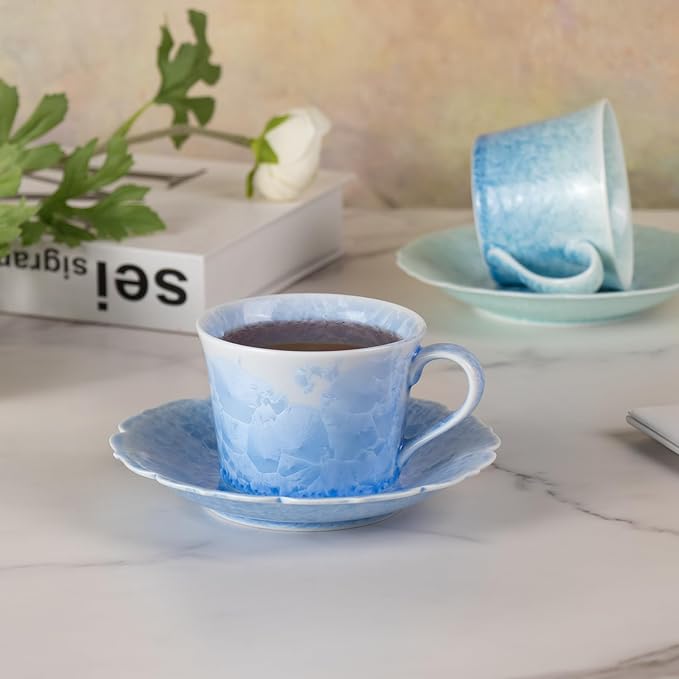KAMMAK Tea Cups and Saucers Set of 2, Porcelain Coffee Cups, 5oz Crystalline Glaze Espresso Mugs, Ceramic Demitasse for Coffee, Cappuccino, Latte, Americano, Tea (Ice crystal blue + greenish blue)