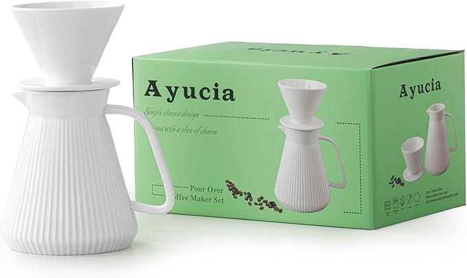 Pour Over Coffee Maker Set, V60 Ceramic Coffee Dripper with Pot Set, 22OZ White Cream Pour Over Coffee Brewer for Home Café Restaurant Camping