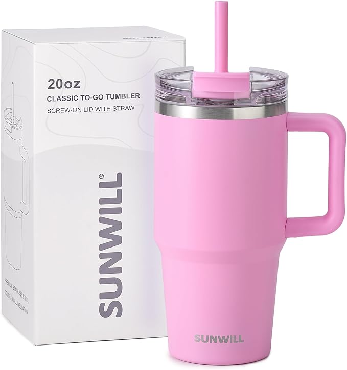 SUNWILL Travel Coffee Mug with Lid, 20 oz Tumbler with Handle and Straw Leak Proof, Stainless Steel Cup Insulated for Office & Gym, Cupholder Friendly, Powder Coated Pink