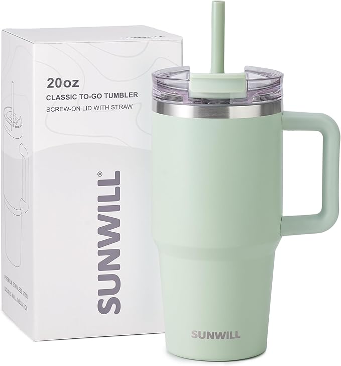 SUNWILL Travel Coffee Mug with Lid, 20 oz Tumbler with Handle and Straw Leak Proof, Stainless Steel Cup Insulated for Office & Gym, Cupholder Friendly, Powder Coated Matcha Cream