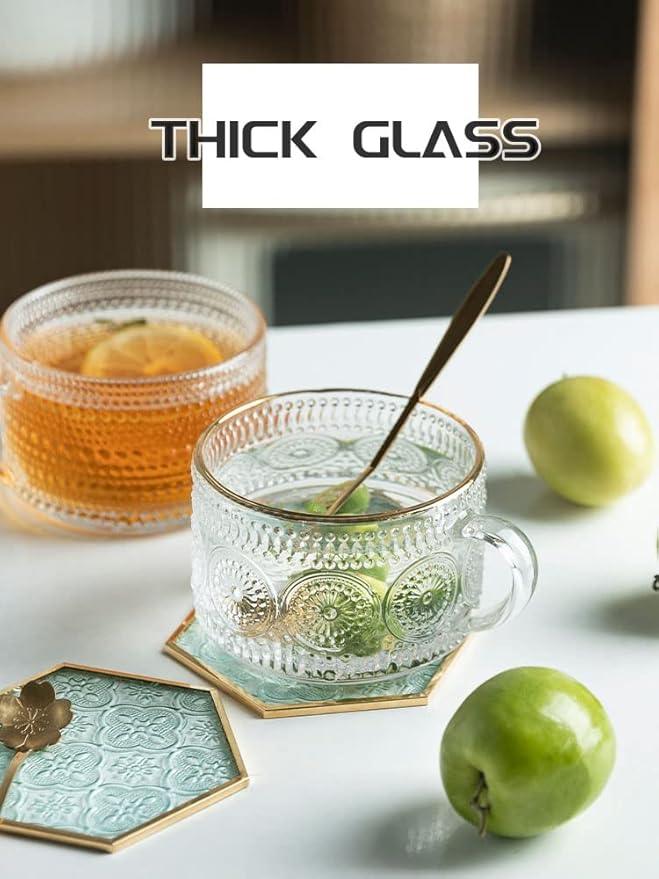 Bandesun Vintage Glass Coffee Mugs Tea Cups, 14 Oz Set of 2 - Stackable Embossed, Glassware with Handle, for Cappuccino, Latte, Cereal, Yogurt, Beverage Hot/Cold, Milk