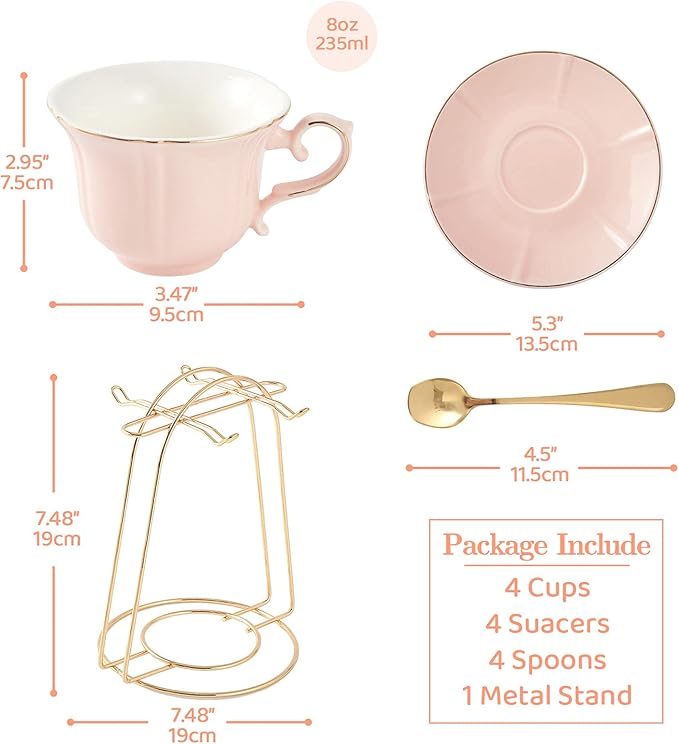 DUJUST Tea Cups and Saucers Set of 4 (8 OZ), Candy Pink Tea Cup Set with Golden Trim, Petal Edge Coffee Cups with Metal Stand, Simple Style Porcelain Tea Party Set - Pink