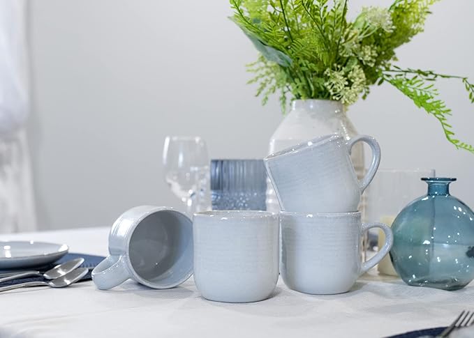 Elanze Designs Glossy Reactive Glaze Large 17 Fluid Ounce Everyday Kitchen Food Grade Ceramic Stoneware Coffee Mug Cup with Comfort Curved Handles, Set of 4, Pale Grey