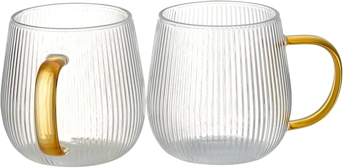 GLASKEY Borosilicate Glass Coffee Mugs Set of 2,12oz Glass Coffee Cups with Vertical Stripes Pattern,Clear Tea Cup for Tea,Coffee,Latte,Hot and Cold Beverage,Christmas Thanksgiving Gifts