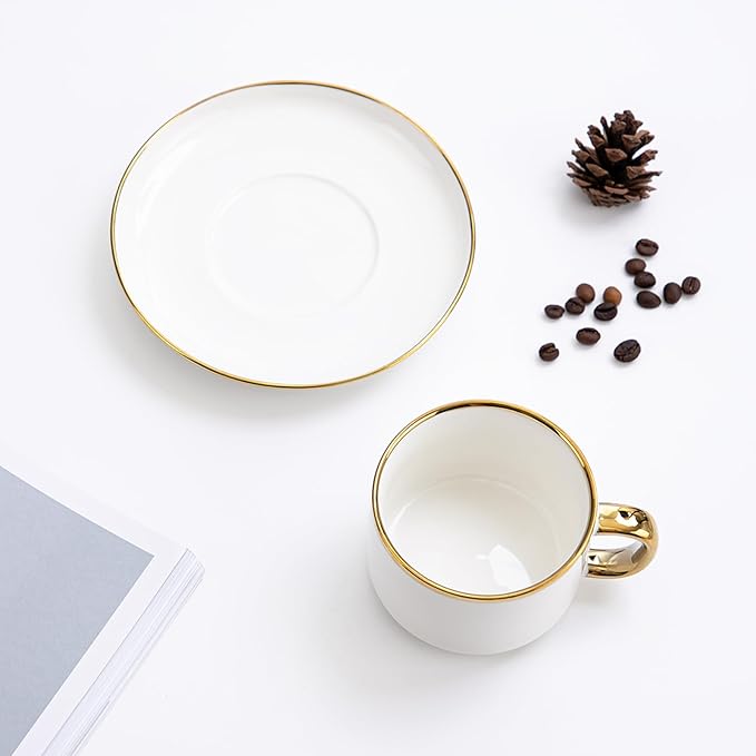 Tea Cups and Saucers with Gold Trim, 6.76 Ounce White Porcelain Tea Set & Coffee Cups for Latte, Cafe Mocha, Tea-Set of 4,Porcelain Mugs for Kitchen or Cafe(white and gold)