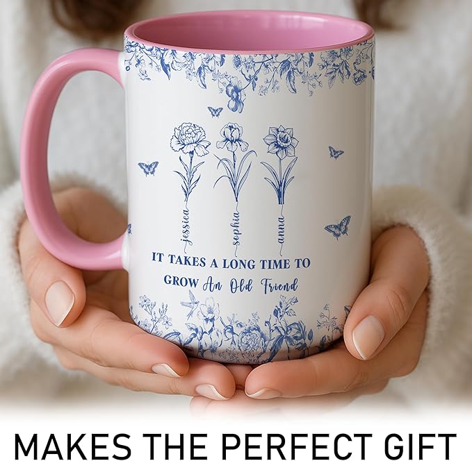 Personalized Best Friend Mug – Custom Name Floral Design, Birthday, Anniversary, Going Away Gifts for Best Friends, Chinoiserie Toile de Jouy Ceramic Mug