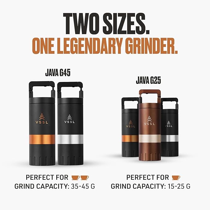VSSL Java G45 Manual Coffee Grinder | Coffee for Camping | Bean Grinder | Travel Pour Over | Stainless Steel Conical Burr | ~ 45 Gram Capacity | Extendable Grind Handle | 50 Grind Settings | Carbon