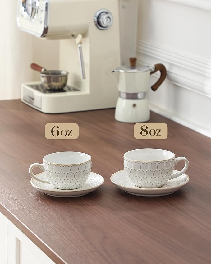 MALACASA 6 OZ Cappuccino Cups with Saucers Set of 4 - Ceramic Stackable Tea Cups and Saucers, Embossment Coffee Mugs for Tea, Latte and Mocha, Dishwasher Safe, Arctic white