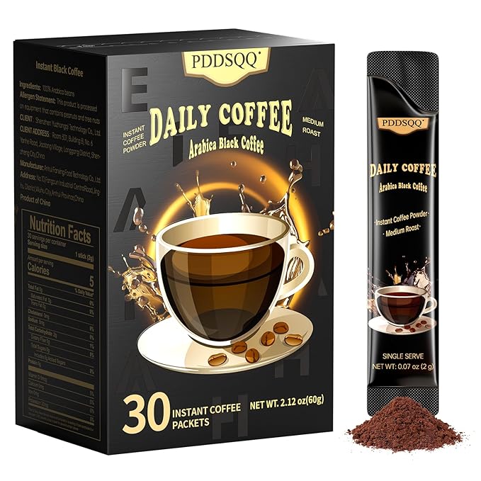 Instant Coffee Packets 30 Packs, Medium Roast Sugar Free Black Coffee Single Serve, 100% Arabica Beans (2oz / 60g), Hot or Iced Instant Coffee Powder Bulk for Camping Fitness Office Holiday Gifts