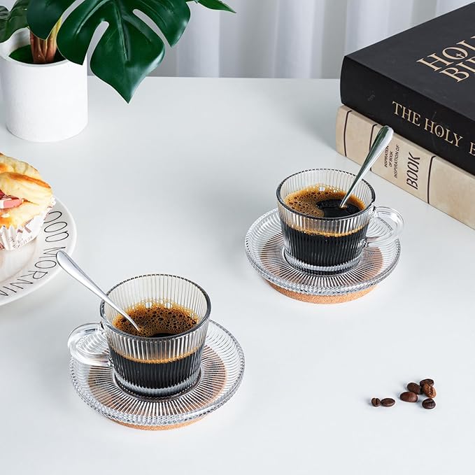 Glass Espresso Shot Cups with Saucers Set of 6, Clear Small Demitasse Cup with Stainless Steel Spoons, Dishwasher Safe Coffee Mugs for Tea Hot Chocolate Cappuccino, 5OZ/150ML, Stripe