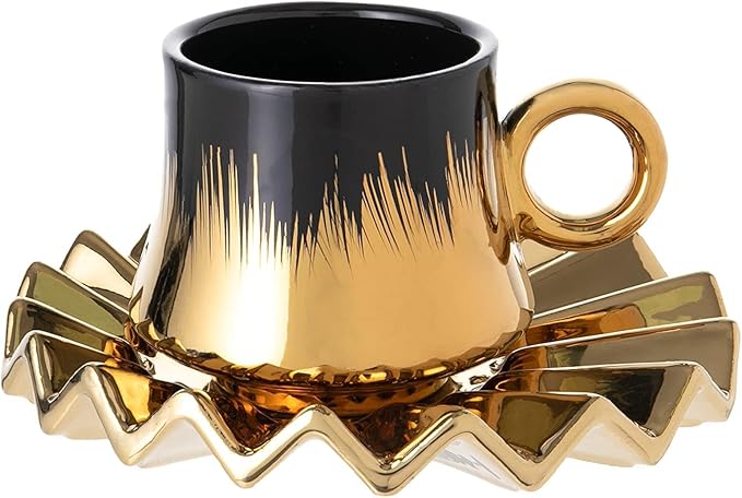 Turkish Coffee Cup Set of 6 with Saucers & Tray - Luxury Arabic Greek Japanese Marble Ceramic Tea Cups for Espresso Cappuccino Latte Mocha, Ideal Gift - 6.7oz, Black Gold