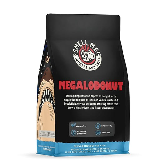 Bones Coffee Company Megalodonut, Boston Cream Donut Flavored Coffee, Medium Roast Low Acid Arabica Beans Compatible with Auto drip and French Press Coffee Maker, 12 Oz Ground