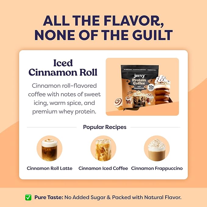 Iced Cinnamon Roll Protein Iced Coffee - Premium Whey Protein & Instant Iced Coffees - 100% Natural Cold Brew Coffee - Zero Artificial Flavors & Sweeteners, 80 mg Caffeine, 0g of Sugar, 20 Servings