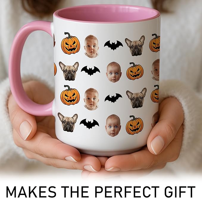 Personalized Halloween Mug with Baby & Dog Faces - Custom Photo Collage Coffee Mug with Pumpkins & Bats - Funny Halloween, Birthday Gift for Pet Lovers, Parents, Grandparents, or Kids
