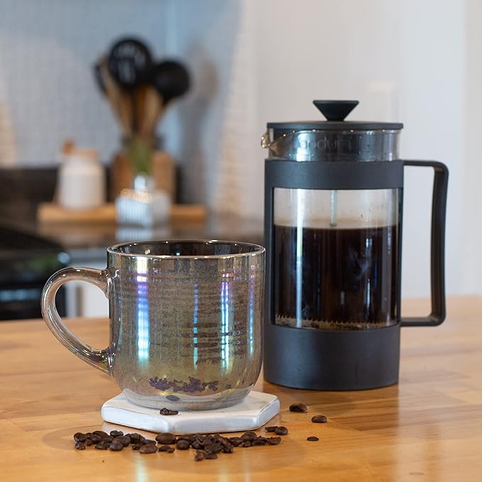 Elanze Designs Glossy Reactive Glaze Large 17 Fluid Ounce Everyday Kitchen Food Grade Ceramic Stoneware Coffee Mug Cup with Comfort Curved Handles, Set of 4, Black