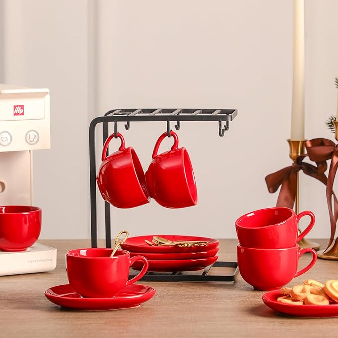 vicrays Ceramic Espresso Coffee Cups - 4 oz Porcelain Espresso Cups Set with Saucers Spoons and Metal Stand for Tea Cafe Cappuccino Latte - Set of 6 - Red
