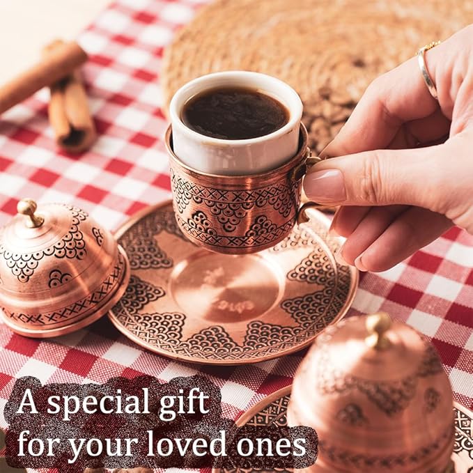 Pure Copper Turkish Arabic Greek Moroccan Coffee Espresso Cup and Saucer Set of 2 Lid Mug Inner Porcelain Serving Drinking Drink Gift Mini Small Fancy Antique Handmade for Home Vintage Unique