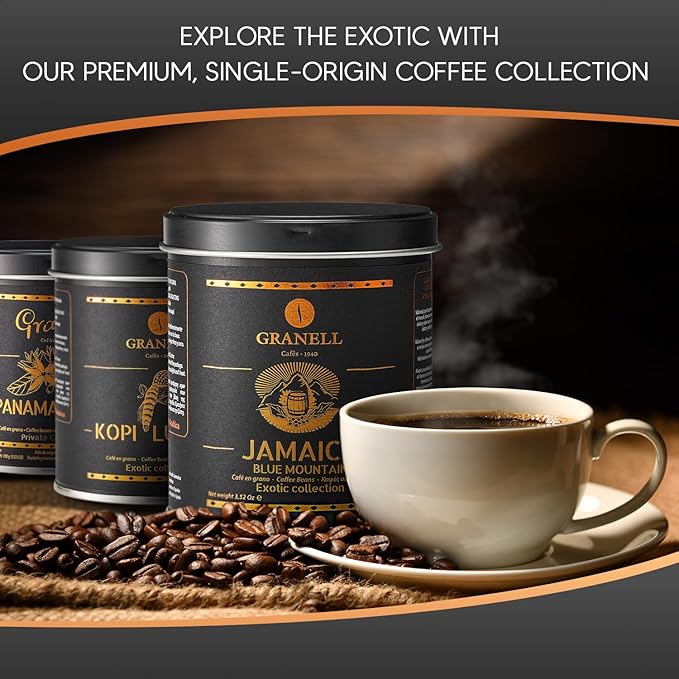 Cafés Granell – Kopi Luwak + Blue Mountain Coffee | Exotic Collection | Fresh Whole Gourmet Beans | JACRA Certified | 100% Arabica Coffee-Premium Medium Roast | 3.53oz