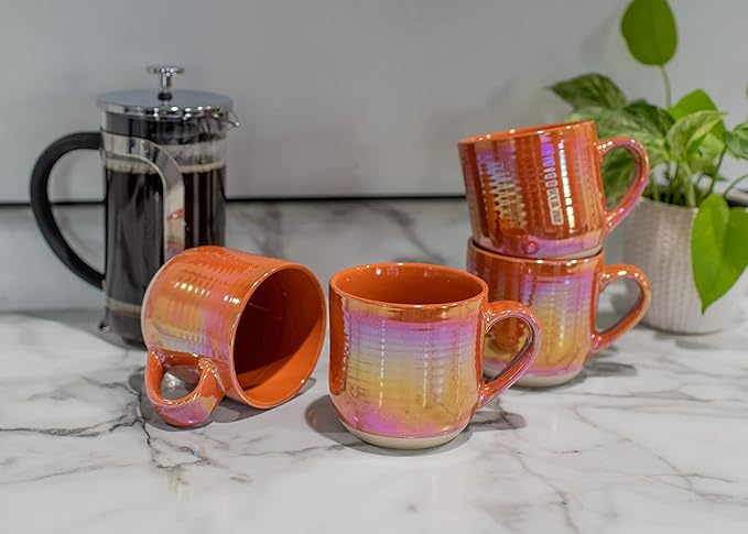 Elanze Designs Glossy Reactive Glaze Large 17 Fluid Ounce Everyday Kitchen Food Grade Ceramic Stoneware Coffee Mug Cup with Comfort Curved Handles, Set of 4, Burnt Orange
