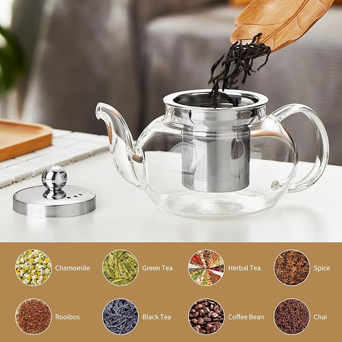 Glass Teapot with Removable Infuser, 27 oz/800ml Glass Tea Pot Small Borosilicate Tea Steeper Kettle with Loose Leaf Tea Strainer For Flower Blooming Tea, ClearTea Maker Pitcher
