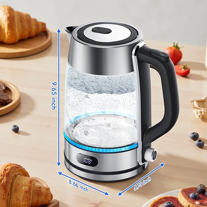 COWSAR Electric Kettle with Precise Temp Control (104-212℉) - Hot Water Kettle, 304 Food-Grade SS & Borosilicate Glass, Custom Keep-Warm, Ambient Light, Auto-Shutoff, Anti-Dry-Boil, 360° Cordless Base