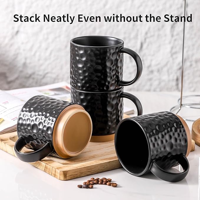 Nihow Ceramic Coffee Mug Set of 4, 16OZ Stackable Coffee Mug Set with Stainless Stand,Large Cup Set for Cappuccino,Tea,Hot/Cold Drinks,Dishwasher & Microwave Safe,Matte Black