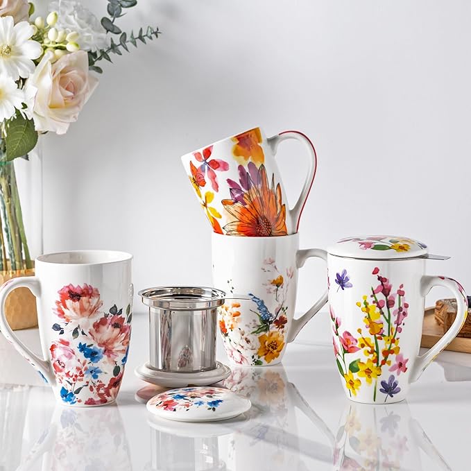 GBHOME Tea Mug with Infuser and Lid, 18 Ounce Large Ceramic Loose Leaf Tea Cup, Microwave, Dishwasher Safe Tea Steeping Mug, Pefect Gift For Tea Lover.