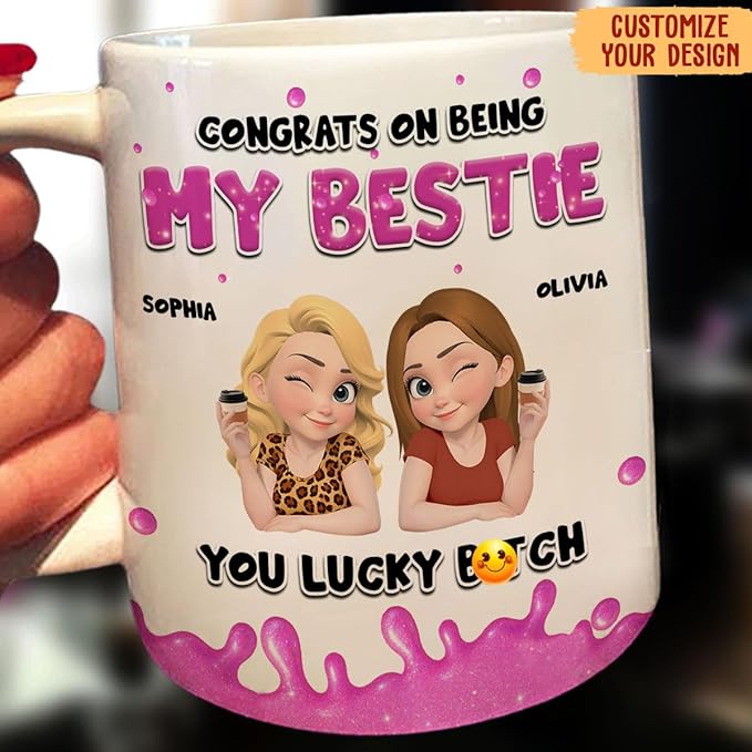Wrappiness Personalized Mug For Bestie - Custom Congrats On Being My Bestie Coffee Mug, Customizable Ceramic Cup for Best Friends, Gift for Celebrations, 11oz & 15oz, Dishwasher & Microwave Safe
