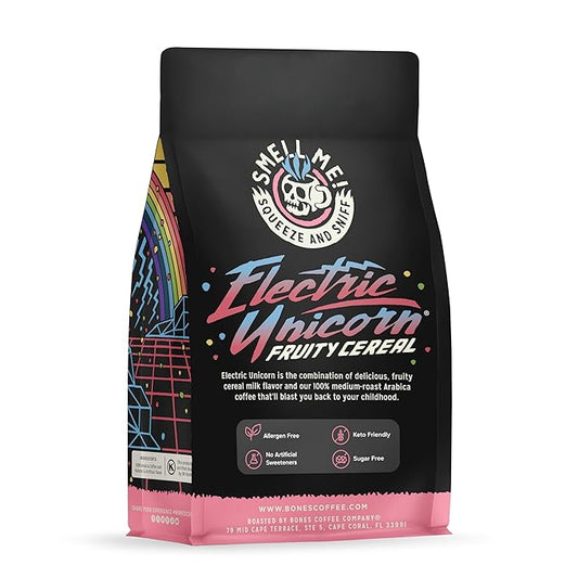 Bones Coffee Company Electric Unicorn, Fruity Cereal With Milk Flavored Coffee, Medium Roast Low Acid Arabica Beans Compatible with Auto drip and French Press Coffee Maker, 12 Oz Ground