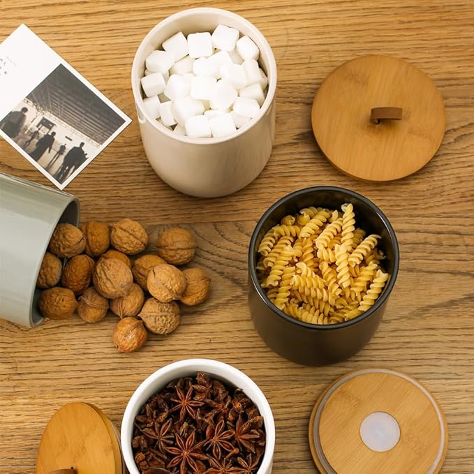 Large Ceramic Storage Jars, Modern Elegant Highly Polished Airtight Gorgeous Storage Canisters with Wooden Lid Food Storage Jar for Kitchen Spice Tea Vanilla Sugar Coffee Beans (Light grey)