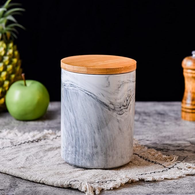 Yundu 40 FL OZ/1180ML Kitchen Canister, Grey Marble Ceramica Food Storage Jar with Bamboo Lid for Ground Coffee, Flour, Tea, Sugar, Airtight Coffee Container