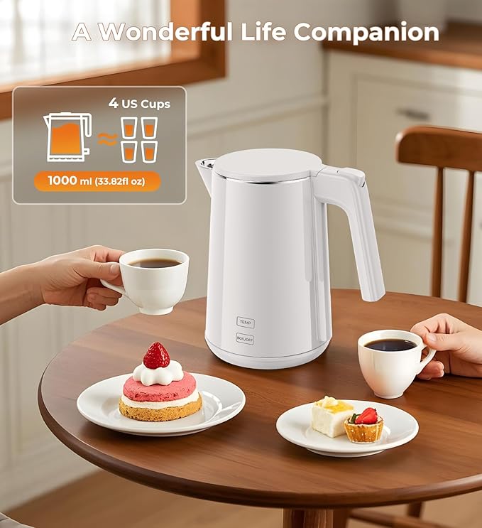 Electric Kettle 1.0L 1200W, 7 Temp Settings, 4H Keep-Warm, Fast-Boil Stainless Steel Electric Tea Kettle, 120V Water Boiler with Auto-Shut Off, Cool Touch PP Exterior for Home Office, White