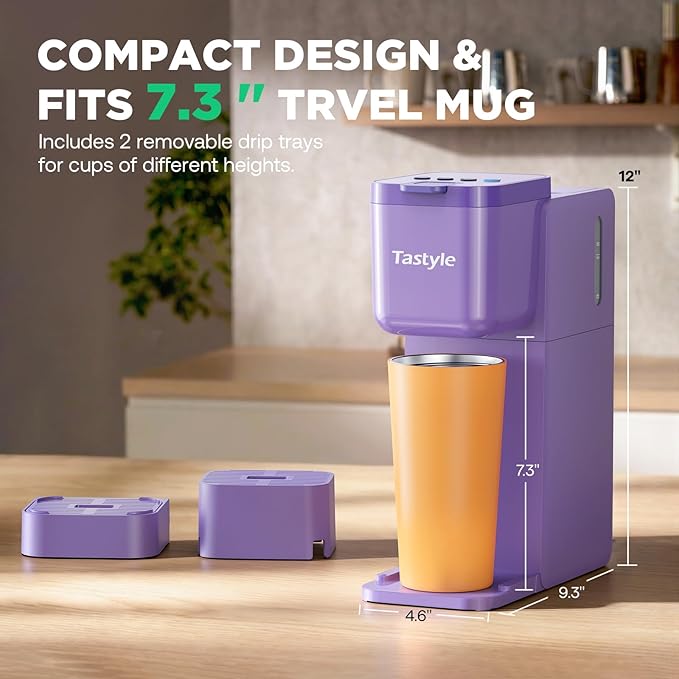 Single Serve Coffee Maker Hot and Iced with Bold Brew, Small Coffee Machine for K Cup and Ground, Fits 7.3'' Travel Mug, Brews up to 16 Oz, 5 Cup Sizes, Compact for Office, RV& Hotel, Purple