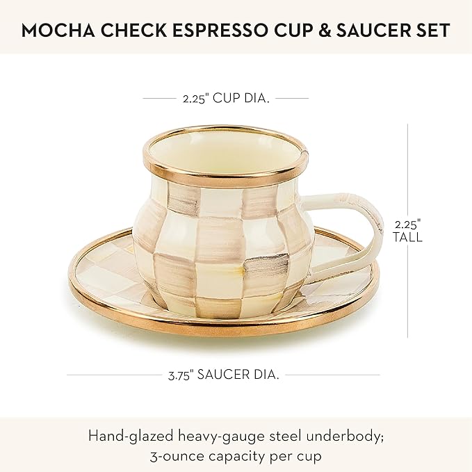 MACKENZIE-CHILDS Espresso Cup and Saucer Set, Cute Small Coffee Cups and Saucers, Set of 2, Brown-and-White Mocha Check