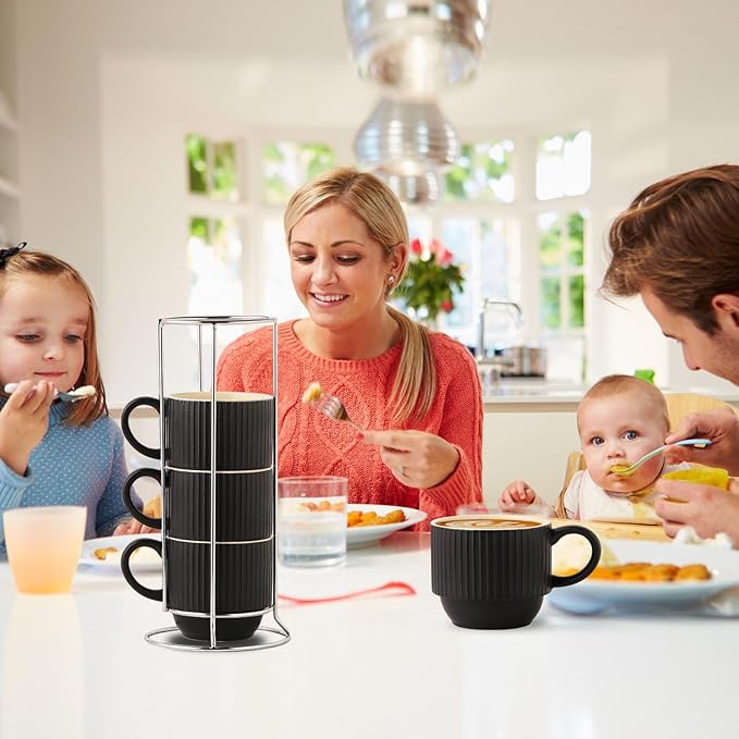 glowworm Coffee Mugs Set of 4, 15 Oz Ceramic Coffee Cups, Stackable Coffee Mugs for Lattee, Cappuccino, Wedding, Birthday Gift, Microwave & Dishwasher Safe, Black