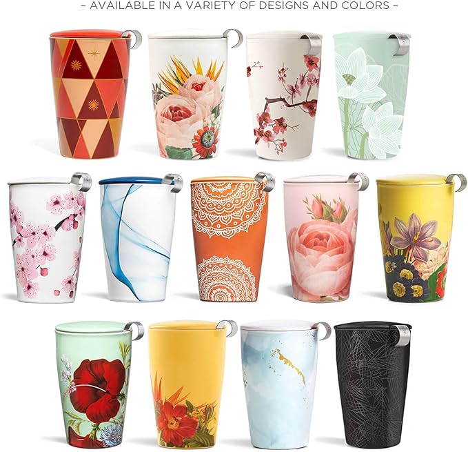 Tea Forte Double-Walled Ceramic Kati Cup, Removable Stainless Steel Infuser Basket and Lid, Steeps 12 oz Loose Leaf Tea, Dishwasher & Microwave Safe, Cherry Blossom