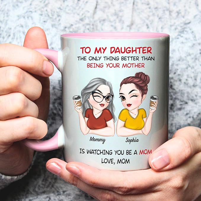 Wrappiness Personalized Daughter Accent Mug from Mom - Mothers Day Thoughtful Gifts for Daughter, Watching You Being A Mom Mug 11oz Pink Accent, Happy First Mothers Day Coffee Cup