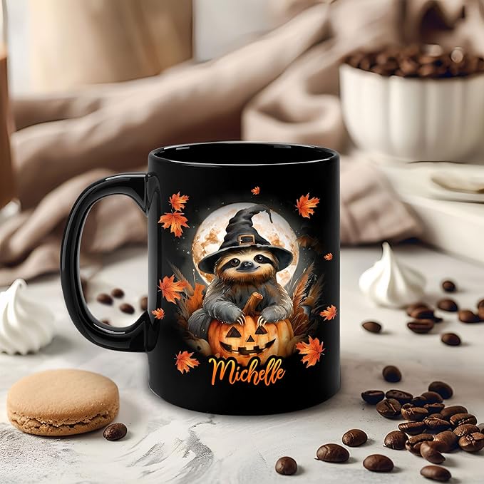 Hyturtle Personalized Halloween Sloth Mug - Sloth Gift For Women Lover - Wild Animal Lover Gift For Her Daughter - Spooky Season Decor For Fall Season Halloween - Coffee Cup Ceramic Mug 11 oz 15 oz
