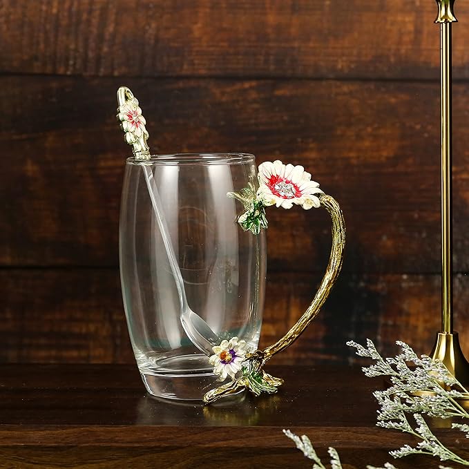 Handicraft Crystal Glass 3D Flower Cups Tea Mug With Tea Spoon Women Coffee, Tea, Juice, Beer, Milk Hot And Cold Drinks Use Gift Package. (Chrysanthemum, 12 OZ)
