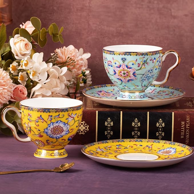 KAMMAK Tea Cups and Saucers Set of 2, Porcelain Coffee Cups with Saucer for Espresso, Cappuccino, 7.5oz Vintage Yellow and Blue Ceramic Demitasse Mug for Home, Tea Party, Office