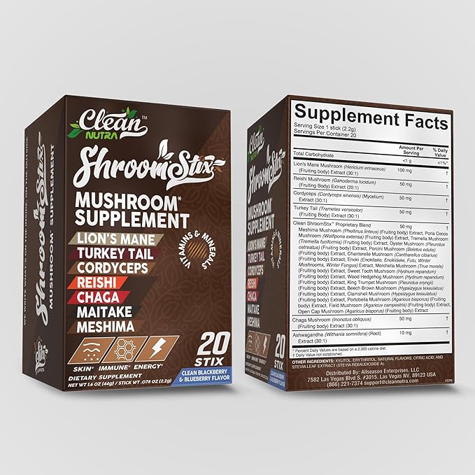 Clean Nutraceuticals Lions Mane Mushroom Supplement with Turkey Tail Reishi Cordyceps Chaga Maitake Meshima Poria Cocos Shiitake Oyster Porcini Enoki (20 Count (Pack of 1))