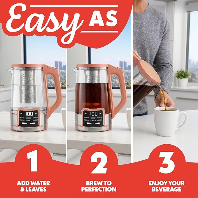 Gourmia Electric Programmable Glass Kettle – 1.7L Temperature Control Tea & Coffee Kettle with Digital Touch Display, 6 Presets, Keep Warm, Removable Stainless Steel Infuser, 360° Swivel Base – Peach