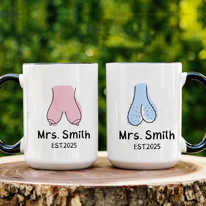 Personalized Mr and Mrs Coffee Mug Set – Custom Wedding Gift for Couple with Names and Established Year – Funny Anniversary Engagement or Valentine’s Day Gag Coffee Cups