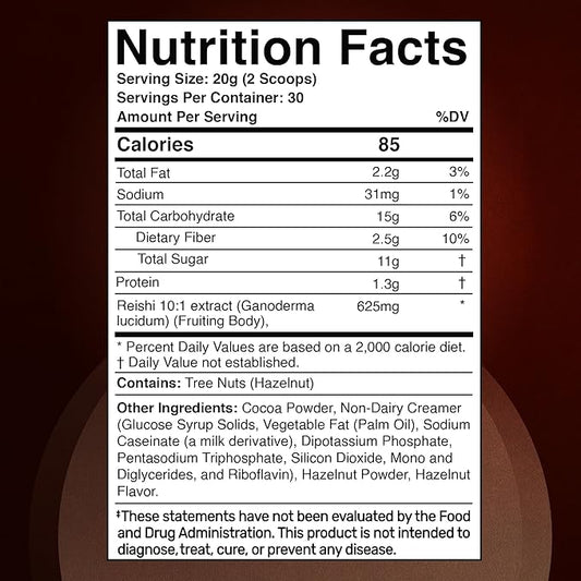 Mushroom Hazelnut Powder with Reishi 10:1 Extract, Hot Cocoa Powder Caffeine-Free Mushroom Coffee Alternative - Adaptogenic Superfood Drink for Focus, Relaxation, and Mood Support - 30 Servings